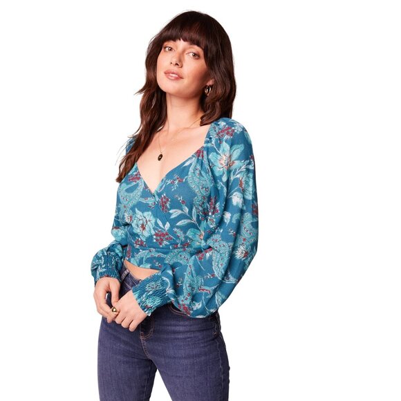 2/$30 NWT Large Band Of The Free - V Neckline Teal Red Floral Tie-Back Blouse - Picture 1 of 15